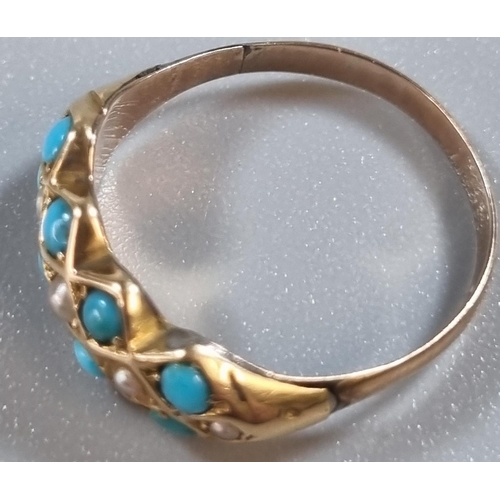 211 - Yellow metal probably Victorian thirteen stone turquoise and seed pearl ring.  2.3g approx.  Size J.... 