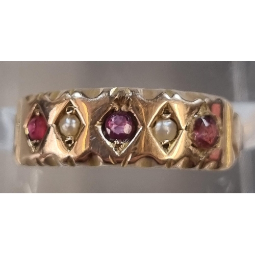 212 - 9ct gold red and seed pearl dress ring.  1.2g approx.  Size L.  (B.P. 21% + VAT)