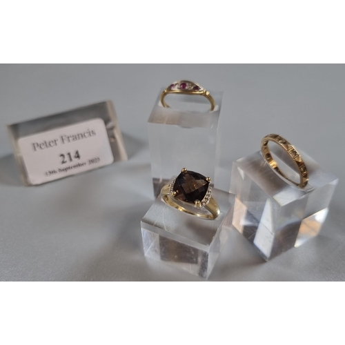 214 - 9ct gold brown and clear stone dress ring (3.4g approx) together with yellow metal five stone dress ... 