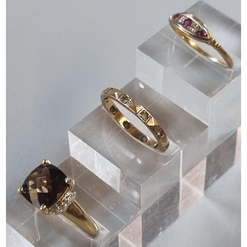 214 - 9ct gold brown and clear stone dress ring (3.4g approx) together with yellow metal five stone dress ... 