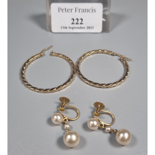 222 - Pair of 9ct gold hoop earrings together with a pair of 9ct gold and probably pearl screw fit earring... 