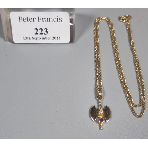 223 - 9ct gold chain/necklace with Axe pendant.  3.7g approx.  (B.P. 21% + VAT)