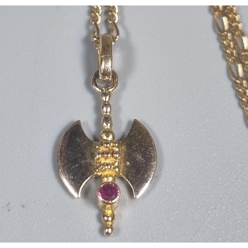 223 - 9ct gold chain/necklace with Axe pendant.  3.7g approx.  (B.P. 21% + VAT)