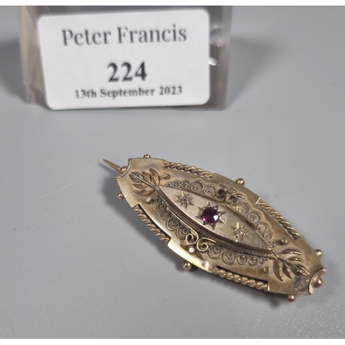 224 - Victorian 9ct gold ruby and diamond brooch.  5.4g approx.  (B.P. 21% + VAT)