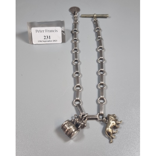 231 - Silver gents pocket watch chain with T Bar and small collection of assorted charms to include: lions... 