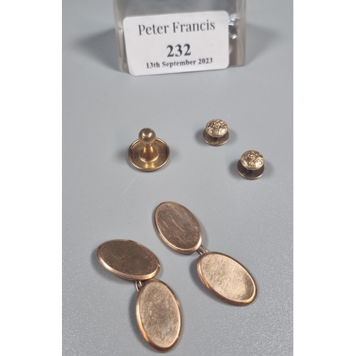 232 - Pair of 9ct gold oval cufflinks together with pair of 9ct gold studs and another stud.  Total weight... 