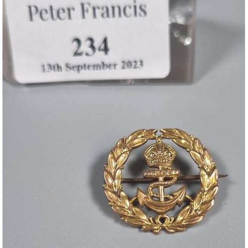 234 - 9ct gold Royal Navy crown and anchor pin badge.  2.5g approx.  (B.P. 21% + VAT)