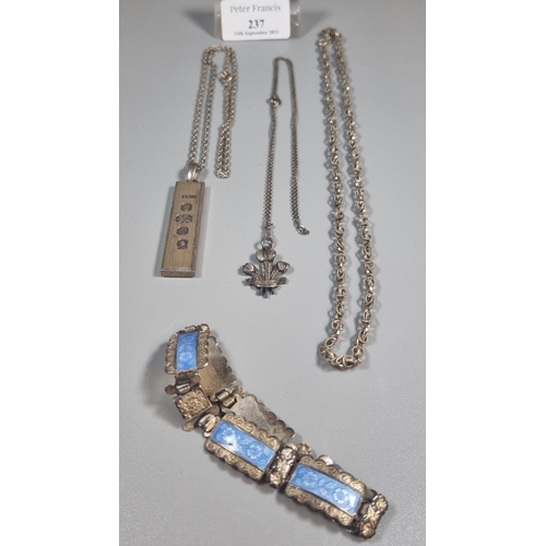 237 - Bag of silver to include: silver ingot on chain, another silver chain with three feathers pendant, b... 