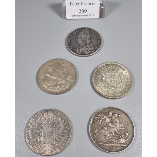 239 - Five silver Crowns dated 1890, 1899, 1935 and 1937 together with an Austrian Maria Theresa Thaler da... 