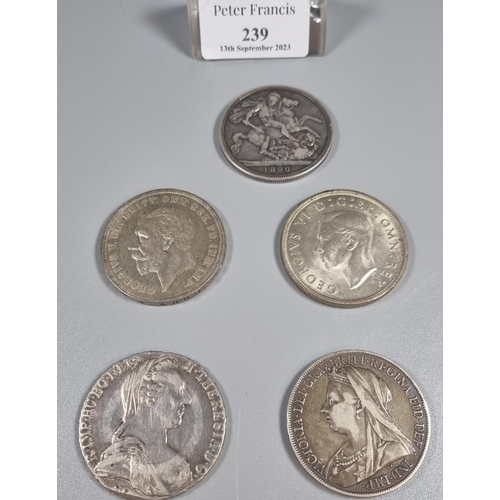 239 - Five silver Crowns dated 1890, 1899, 1935 and 1937 together with an Austrian Maria Theresa Thaler da... 