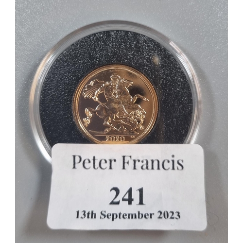 241 - Gold full sovereign dated 2020 in plastic capsule.  (B.P. 21% + VAT)