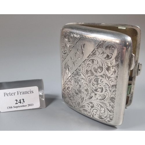 243 - Early 20th century silver chased cigarette case, Birmingham hallmarks, 2.4 troy oz approx.  (B.P. 21... 