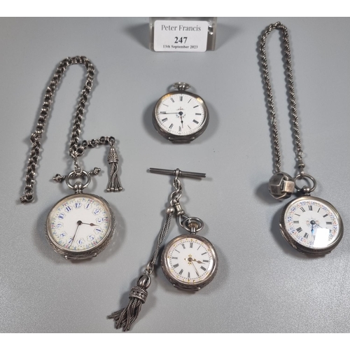 247 - Collection of four early 20th century silver ladies fancy fob watches, some with chains, fobs etc.  ... 