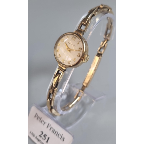 251 - Zenith ladies 9ct gold wristwatch with 9ct gold expanding bracelet and Arabic face.  14g approx.  (B... 