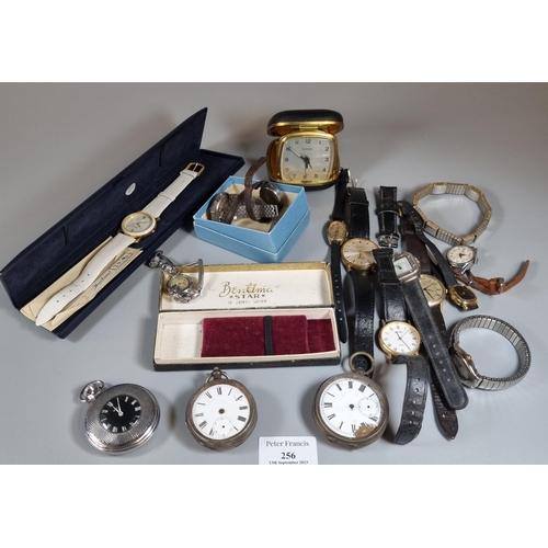 256 - Box of assorted wristwatches: distressed silver pocket watches etc.  (B.P. 21% + VAT)