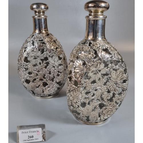 260 - Pair of Japanese silver 950 dimple glass decanters with silver floral and foliate overlay in origina...