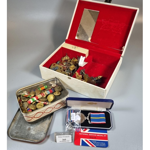 265 - Jewellery box comprising assorted military items including: National Service Medal and a miniature v... 