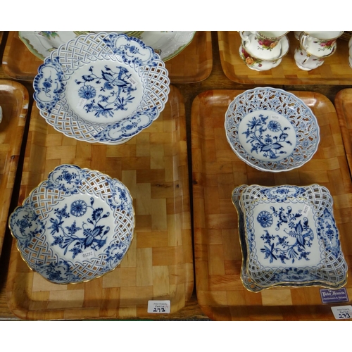 273 - Four trays of blue and white Meissen porcelain 'Blue Onion' design items to include: teacups and sau... 