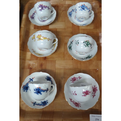 274 - Set of six Meissen coffee cups with saucers in dragon pattern in various colourways. Blue crossed sw... 