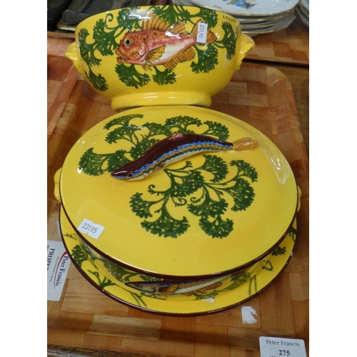 275 - Tray of yellow glazed hand painted fish design pottery to include: a two handled bowl signed J. Raym... 