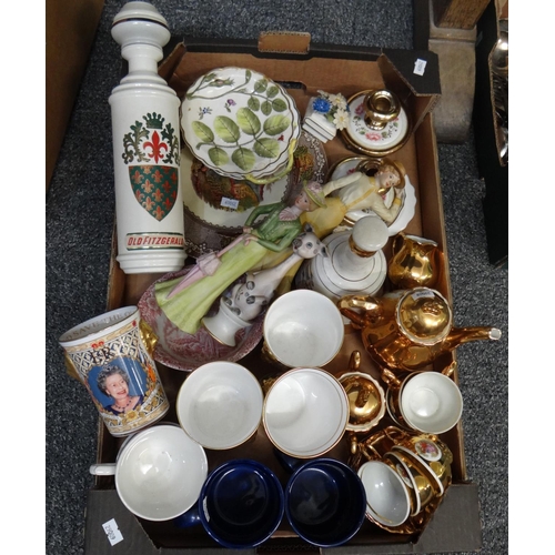 281 - Box of china to include: Bond Ware fine china gold glazed miniature coffee set, commemorative mugs a... 