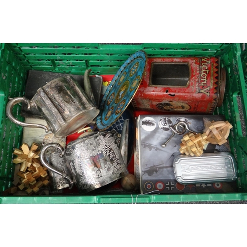 283 - Box of assorted items to include: Victorian silver plated teapot and milk jug, two boxed Atlas editi... 