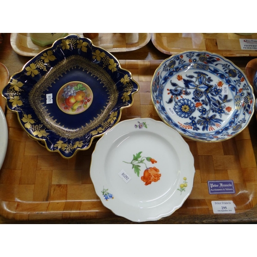 295 - Tray of china to include; Meissen floral plates, English Crescent china George Jones & Sons hand pai... 