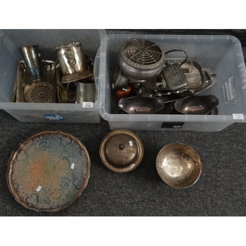 299 - Two boxes of metalware, mostly silver plate to include: trays, serving dishes, hip flasks, Mappin & ... 