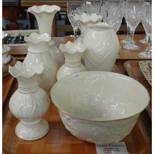 307 - Tray of Belleek Irish porcelain to include: various shapes of vases, moulded acorn and oak leaf cent... 