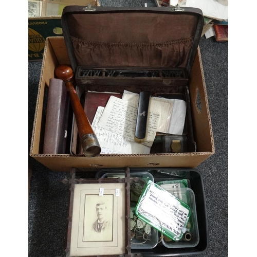 310 - Box containing assorted items including; an Oxford frame with cabinet card photo inside, ebony hairb... 