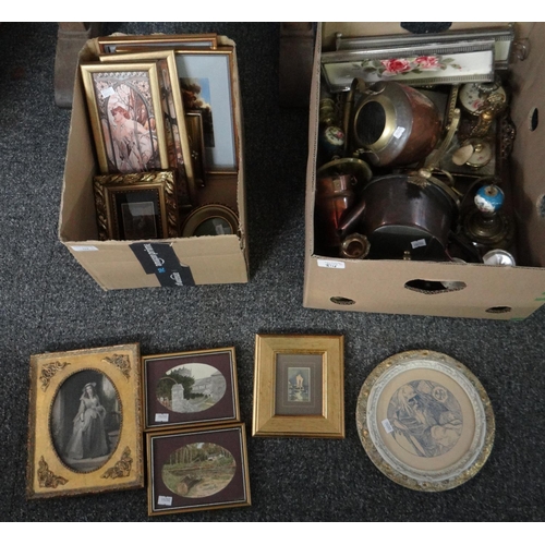 314 - Two boxes of pictures and metalware to include: brass candlesticks, copper lidded pots and kettle, s... 