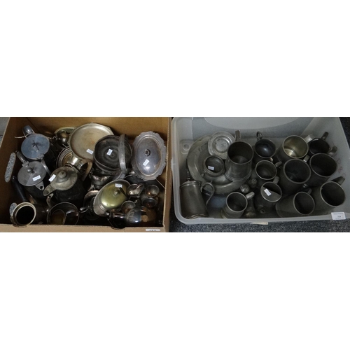 324 - Two boxes of metalware to include: various pewter tankards, two handled sugar bowl, small dishes and... 