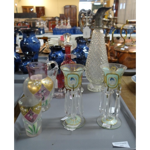 327 - Tray of glassware to include: moulded glass claret jug with plated top, cranberry glass decanter wit... 