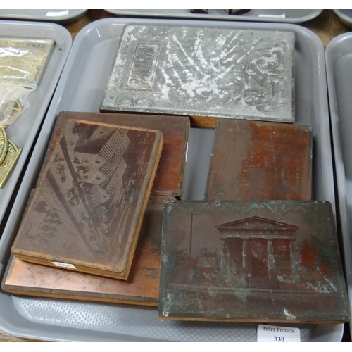 330 - Tray of printing plates, mostly copper with landscape scenes, one possibly book cover 'Historic Caer... 