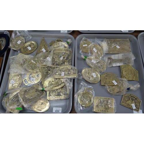 332 - Two trays of brass plaques of local Welsh interest; some in the shape of horse brasses.
(B.P. 21% + ... 