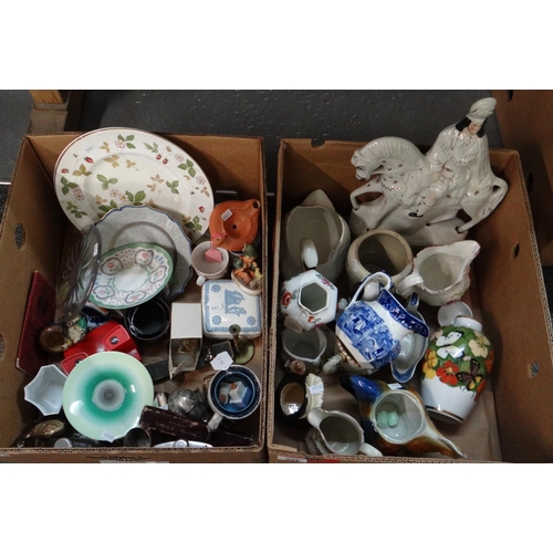 338 - Two boxes of mostly china to include: Staffordshire flatback figure of Scottish gentleman on horse, ... 