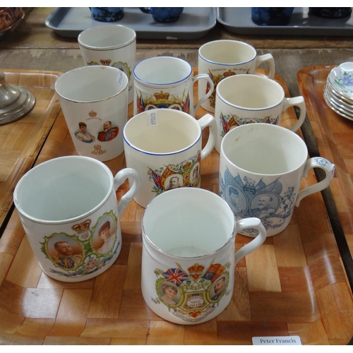 343 - Tray of commemorative mugs and beakers to include: Royal Doulton 1902 Coronation, Sutherland china, ... 