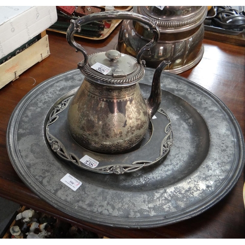 350 - Mixed lot of metalware to include: an Elkington silver plated kettle, Art Nouveau design plated dish... 