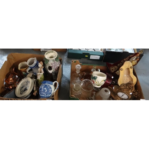 368 - Two boxes of assorted items to include: 19th Century spelter figural clock with stand, Moorcroft Art... 