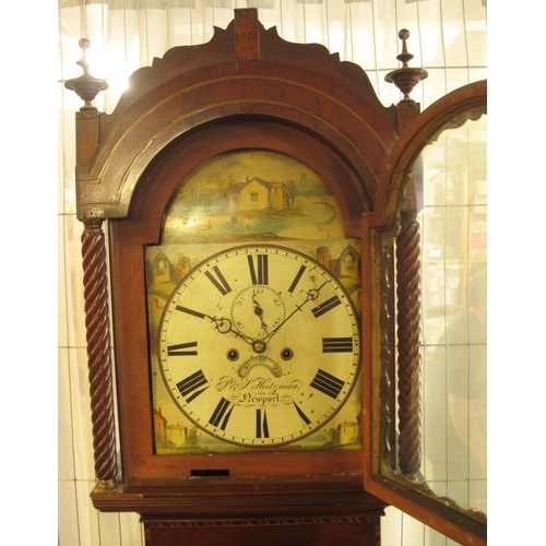 383 - 19th century Welsh mahogany eight day long case clock having arched hood with painted face having se... 