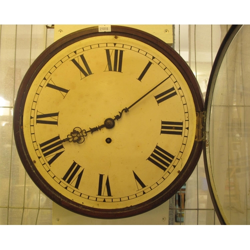 384 - 19th century mahogany school type clock with Roman face having convex glass, single fusee brass move... 