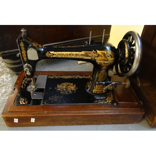 452 - Singer hand sewing machine in wooden case of stepped design with turned carrying handles.  (B.P. 21%... 