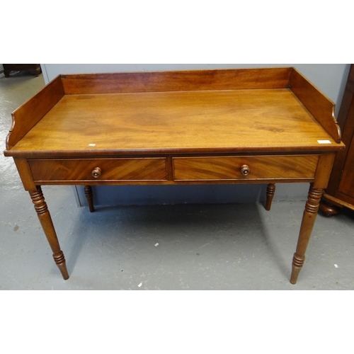 454 - Victorian mahogany tray topped wash stand with two cock beaded frieze drawers having turned knobs, o... 