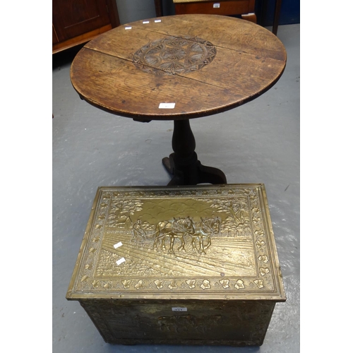 457 - 19th century oak snap top circular tripod table together with a repoussé brass log box.  (2)   (B.P.... 