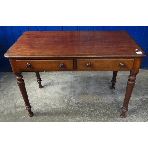 462 - Victorian mahogany side table with moulded edge top above two frieze drawers having turned knobs, on... 