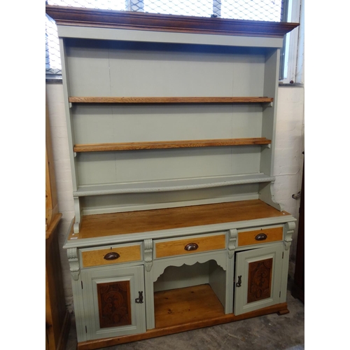 469 - Painted kitchen dresser now having open shelf rack back with frieze drawers, two cupboards and dog k... 