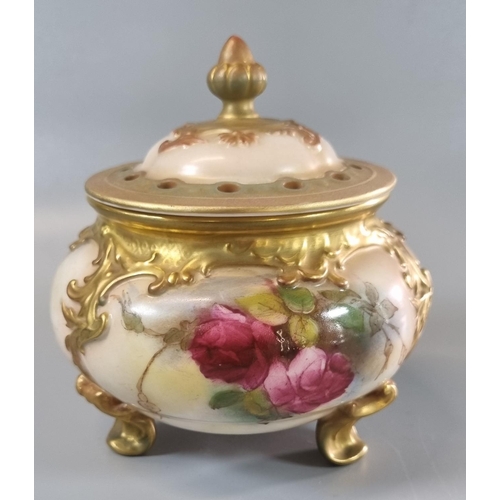 5 - Royal Worcester porcelain potpourri vase and cover painted with rose sprays.  Model No. 183 with ret... 
