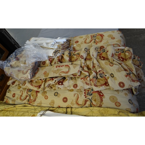 501 - Pair of dragon and cloud oriental design brocade curtains, pelmet, blinds and spare fabric. Curtains... 