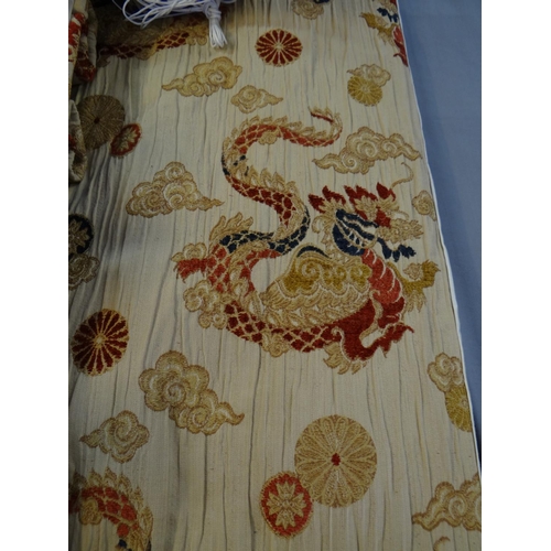 501 - Pair of dragon and cloud oriental design brocade curtains, pelmet, blinds and spare fabric. Curtains... 