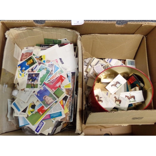 68 - Box with selection of cigarette cards, tea cards & various other trade cards loose in two boxes & ti... 